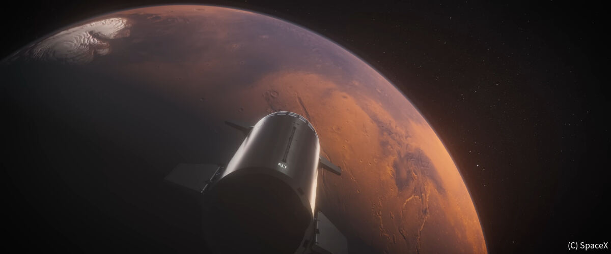 スペースXが構想している、スターシップ宇宙船による有人火星探査の想像図