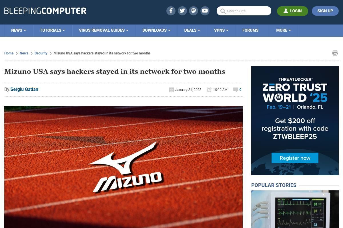 Mizuno USA says hackers stayed in its network for two months