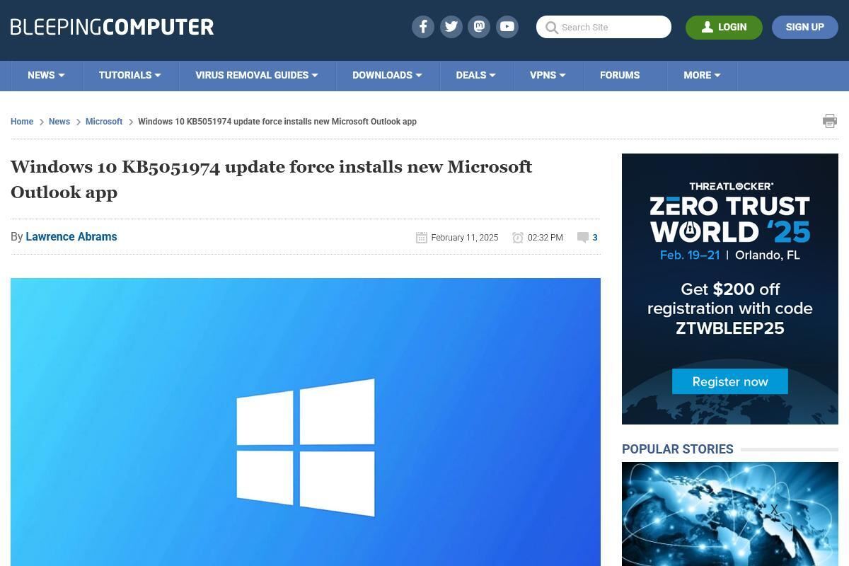 Windows 10 KB5051974 update force installs new Microsoft Outlook app
