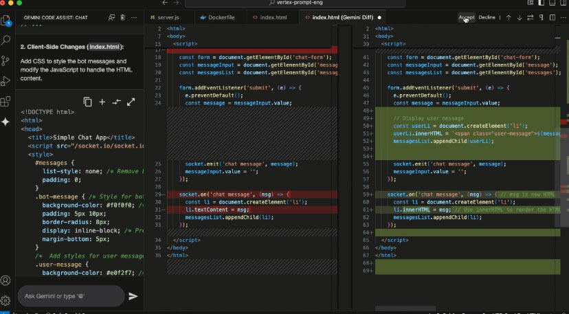Gemini Code Assistが自然言語プロンプトに基づいてコードを生成し、既存のコードに適用