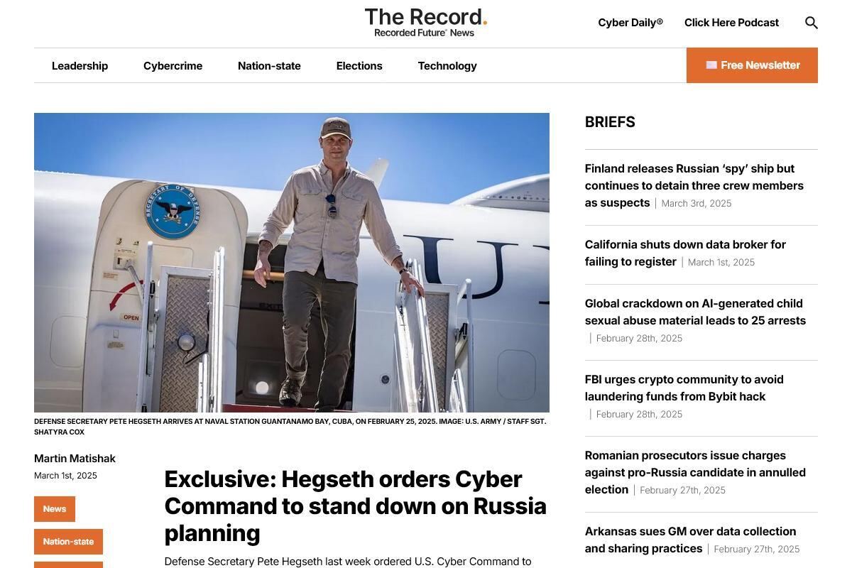 Exclusive: Hegseth orders Cyber Command to stand down on Russia planning｜The Record from Recorded Future News
