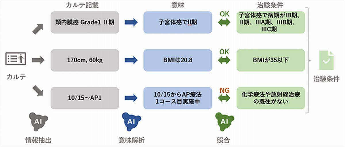 医療分野特化のLLMを活用したカルテ情報と治験条件の照合自動化のイメージ