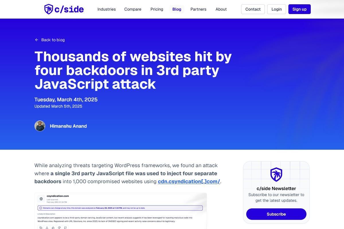 Thousands of websites hit by four backdoors in 3rd party JavaScript attack - c/side