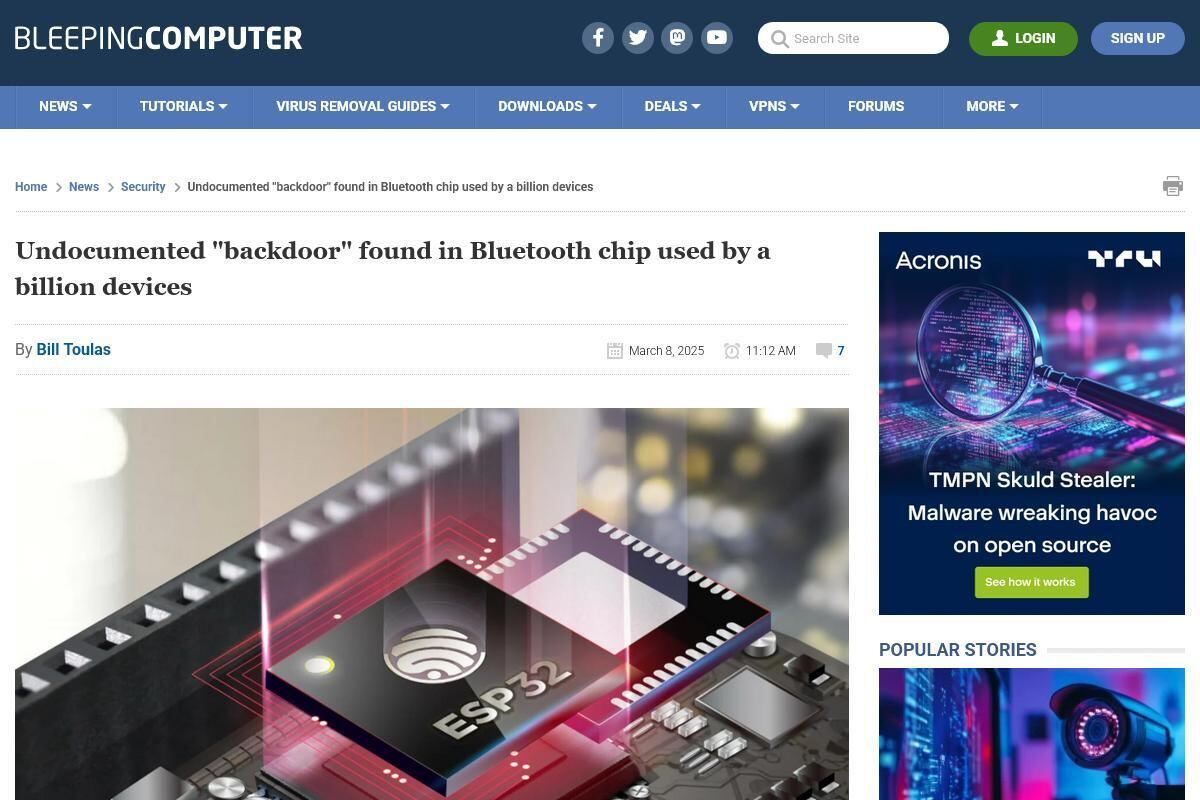 Undocumented "backdoor" found in Bluetooth chip used by a billion devices