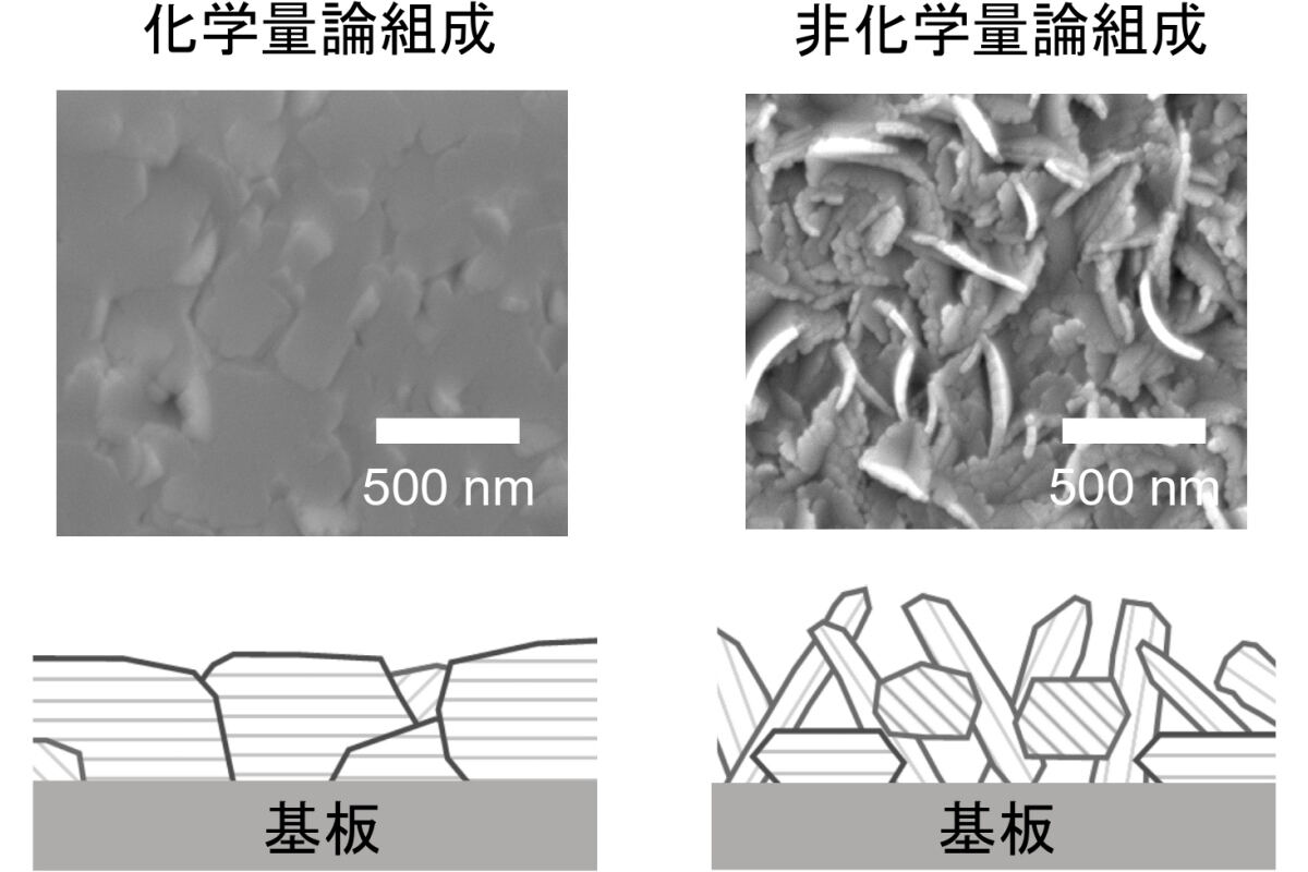 SnS薄膜表面の電子顕微鏡像と薄膜の断面模式図