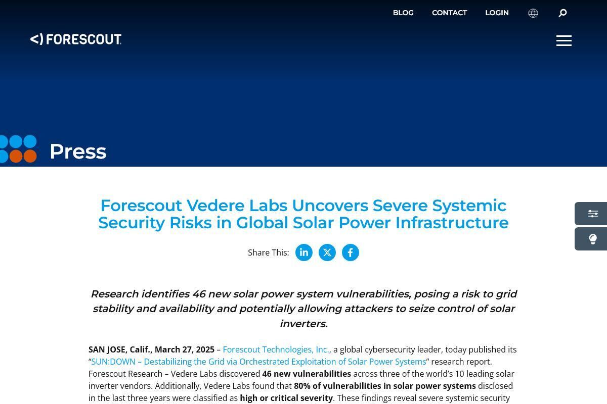 Forescout Vedere Labs Uncovers Severe Systemic Security Risks in Global Solar Power Infrastructure - Forescout