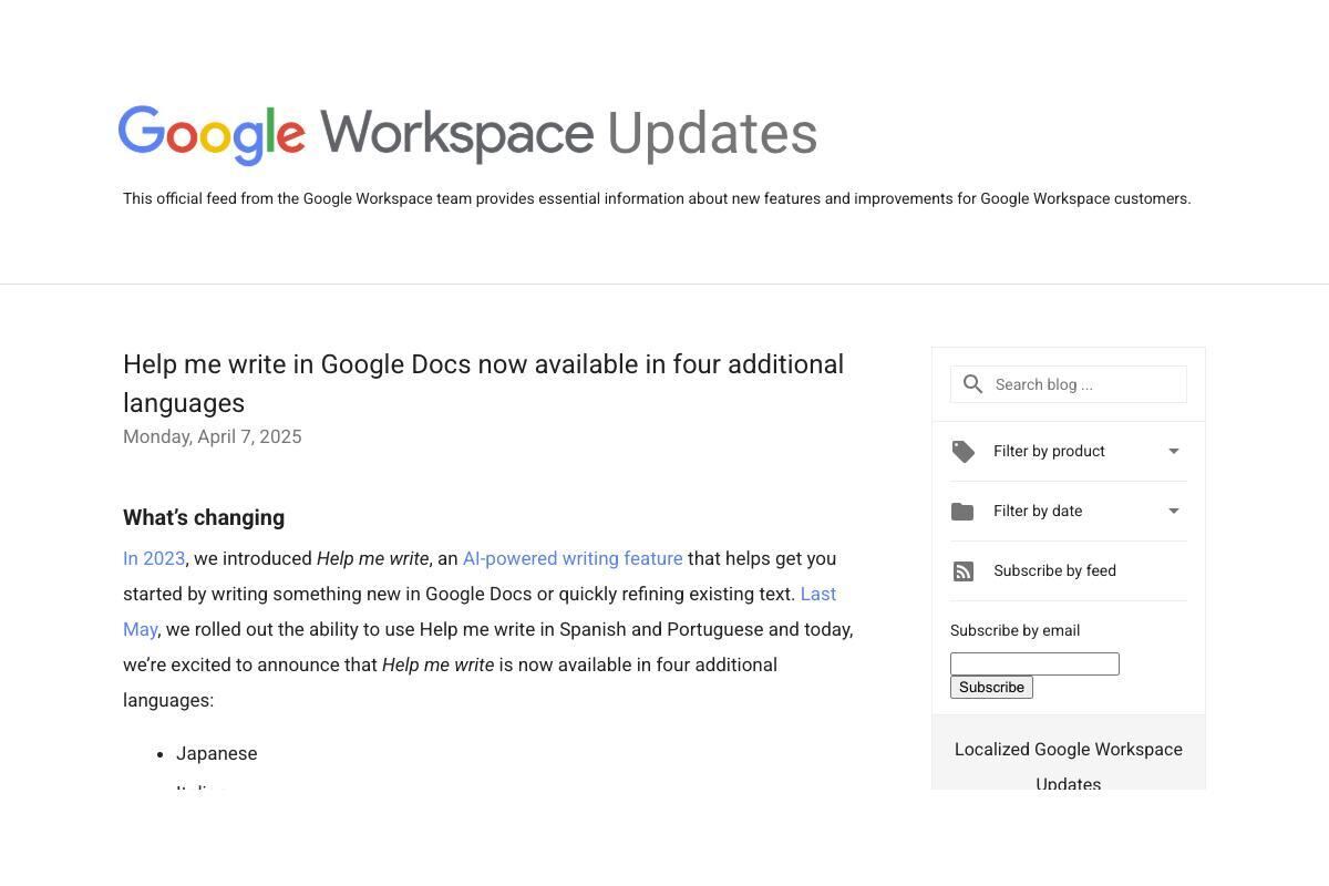 Google Workspace Updates: Help me write in Google Docs now available in four additional languages