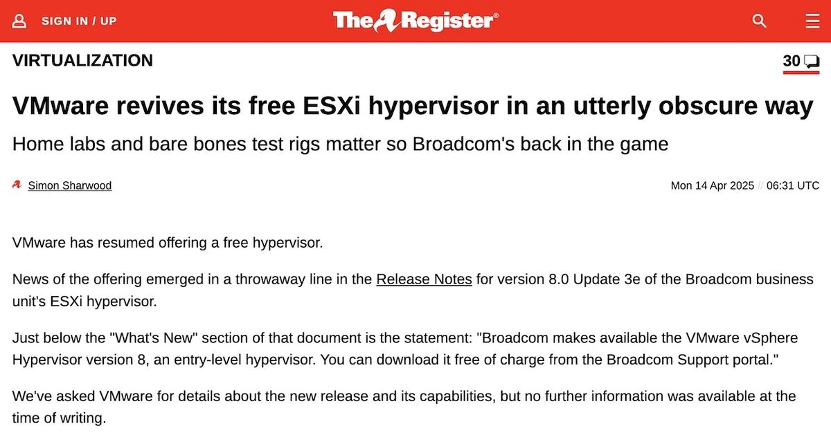 VMware revives its free ESXi hypervisor • The Register