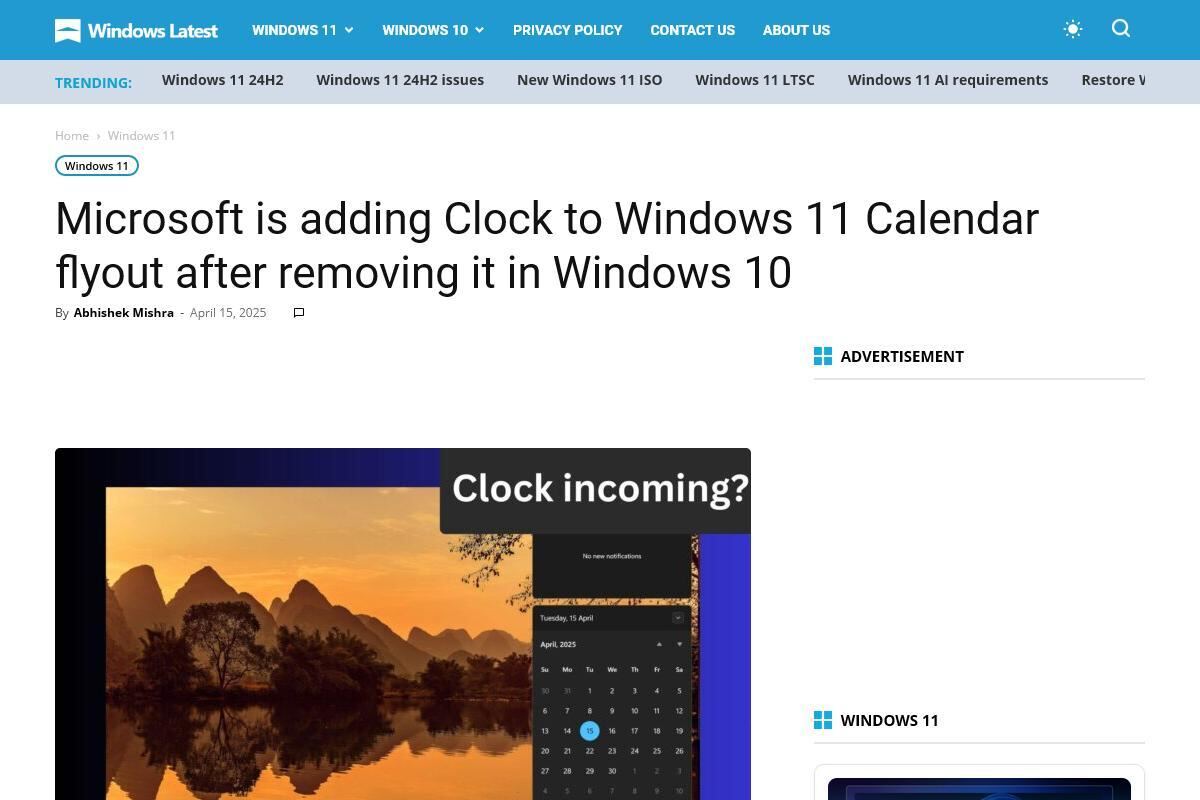 Microsoft is adding Clock to Windows 11 Calendar flyout after removing it in Windows 10