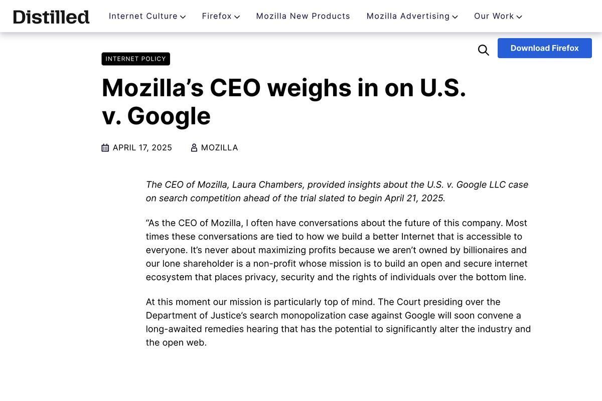 Mozilla CEO、Google独禁法訴訟がWebブラウザ市場に与える影響