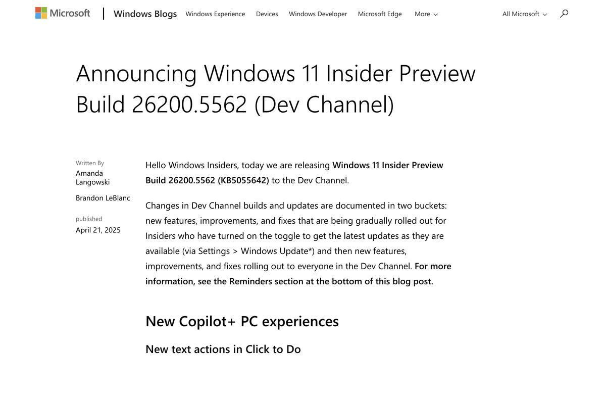 Announcing Windows 11 Insider Preview Build 26200.5562 (Dev Channel)｜Windows Insider Blog