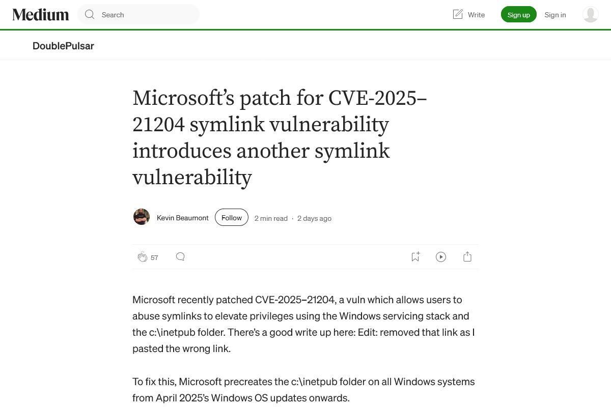 Microsoft’s patch for CVE-2025–21204 symlink vulnerability introduces another symlink vulnerability｜by Kevin Beaumont｜Apr、2025｜DoublePulsar
