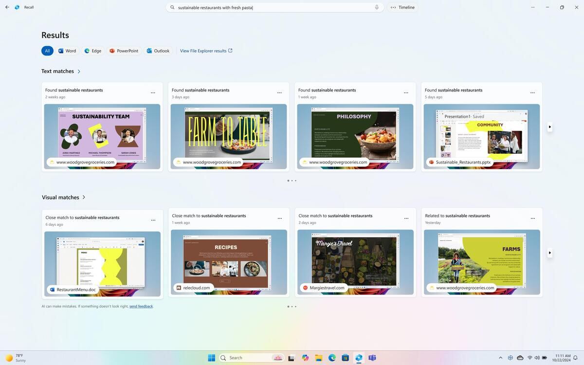 Recallの検索画面 - 引用：Microsoft