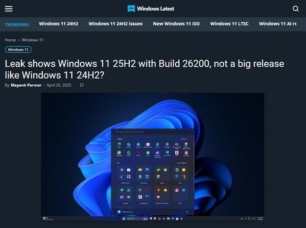 Leak shows Windows 11 25H2 with Build 26200、not a big release like Windows 11 24H2?