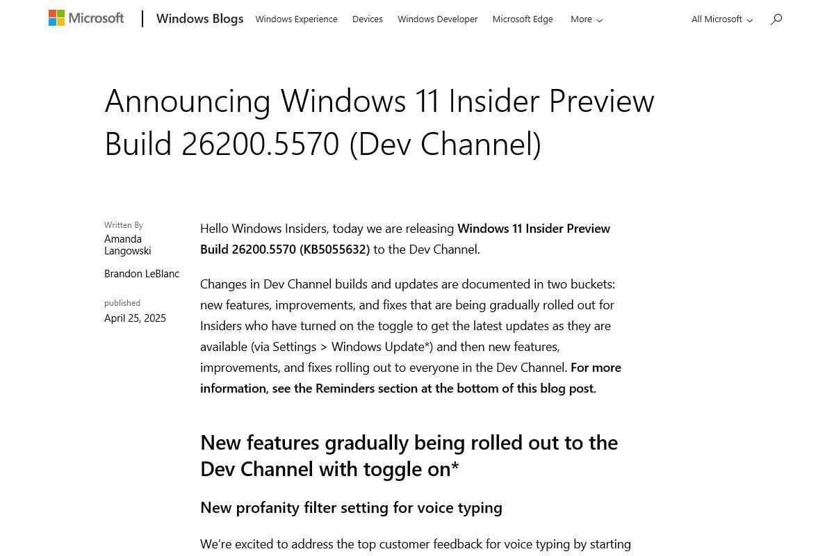 Announcing Windows 11 Insider Preview Build 26200.5570 (Dev Channel)｜Windows Insider Blog