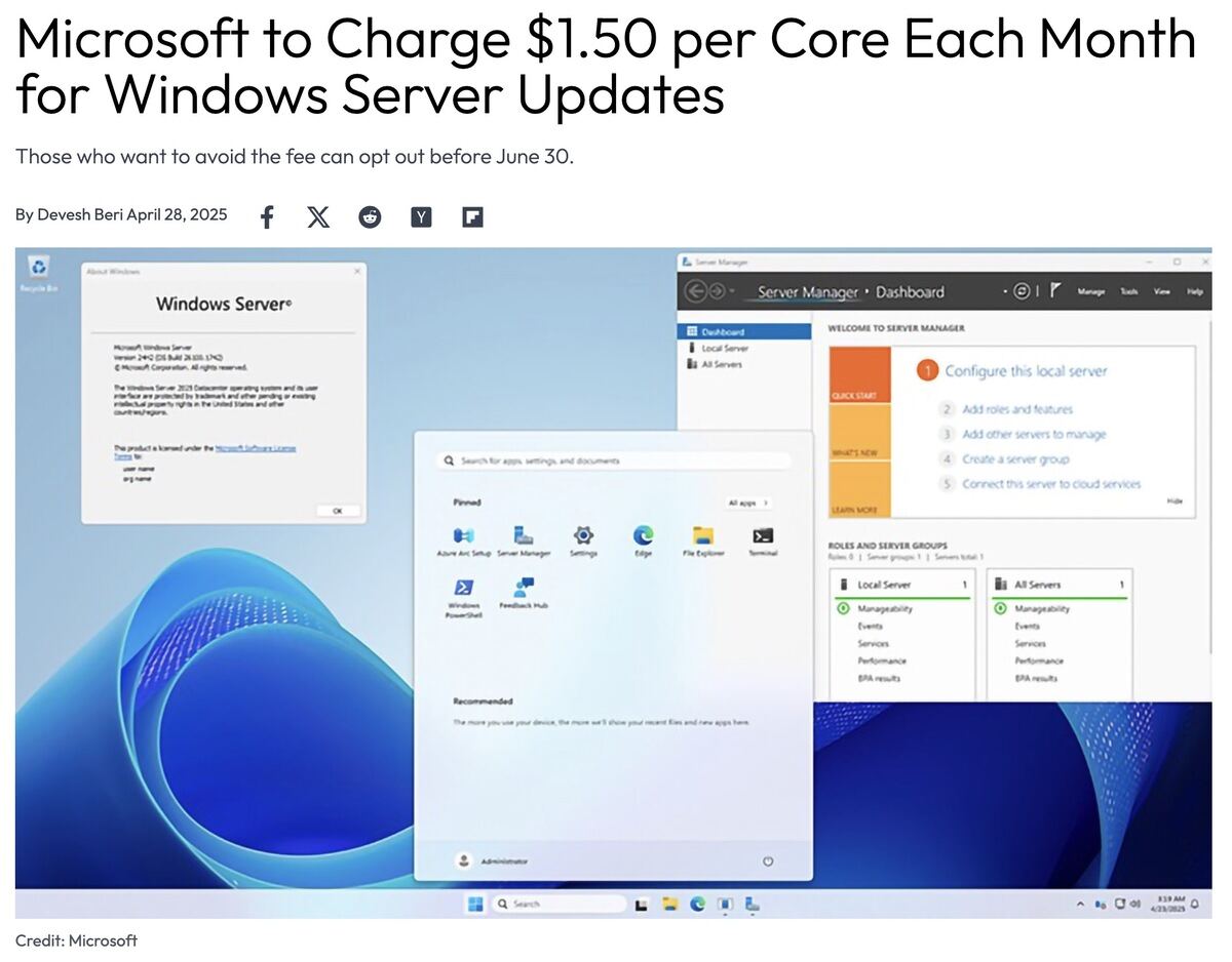 Microsoft to Charge $1.50 per Core Each Month for Windows Server Updates｜Extremetech