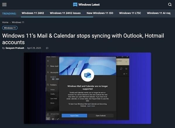 Windows旧メールアプリの終焉間近、OutlookやHotmailとの同期停止