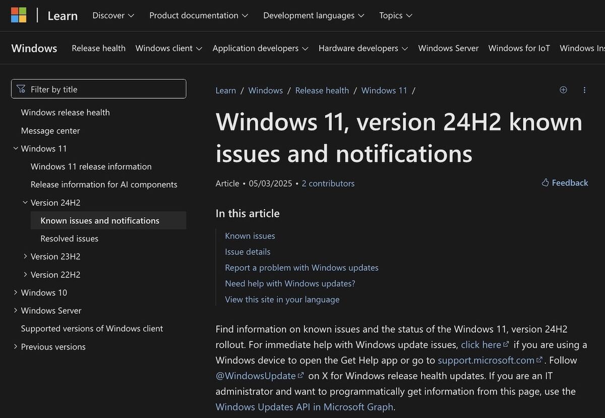 Windows 11 バージョン24H2のサポートページ