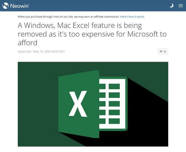 A Windows、Mac Excel feature is being removed as it's too expensive for Microsoft to afford - Neowin