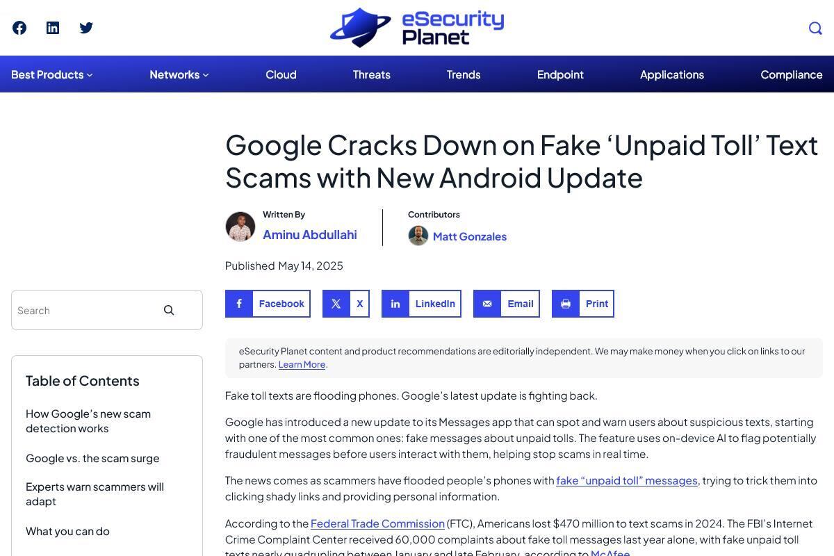 Google Fights Fake Toll Texts with Android Update