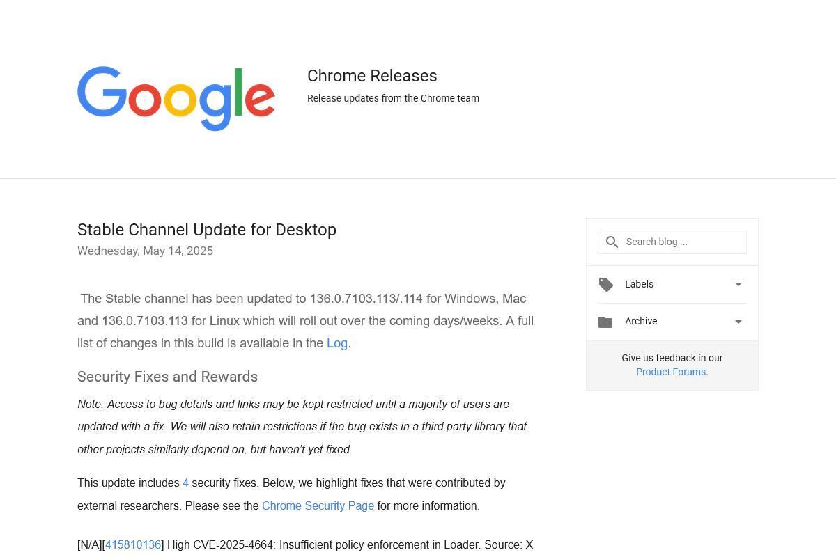 Chrome Releases: Stable Channel Update for Desktop