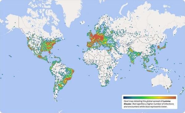 Lumma Stealerに感染したWindowsコンピューターの分布図 - 引用：Microsoft
