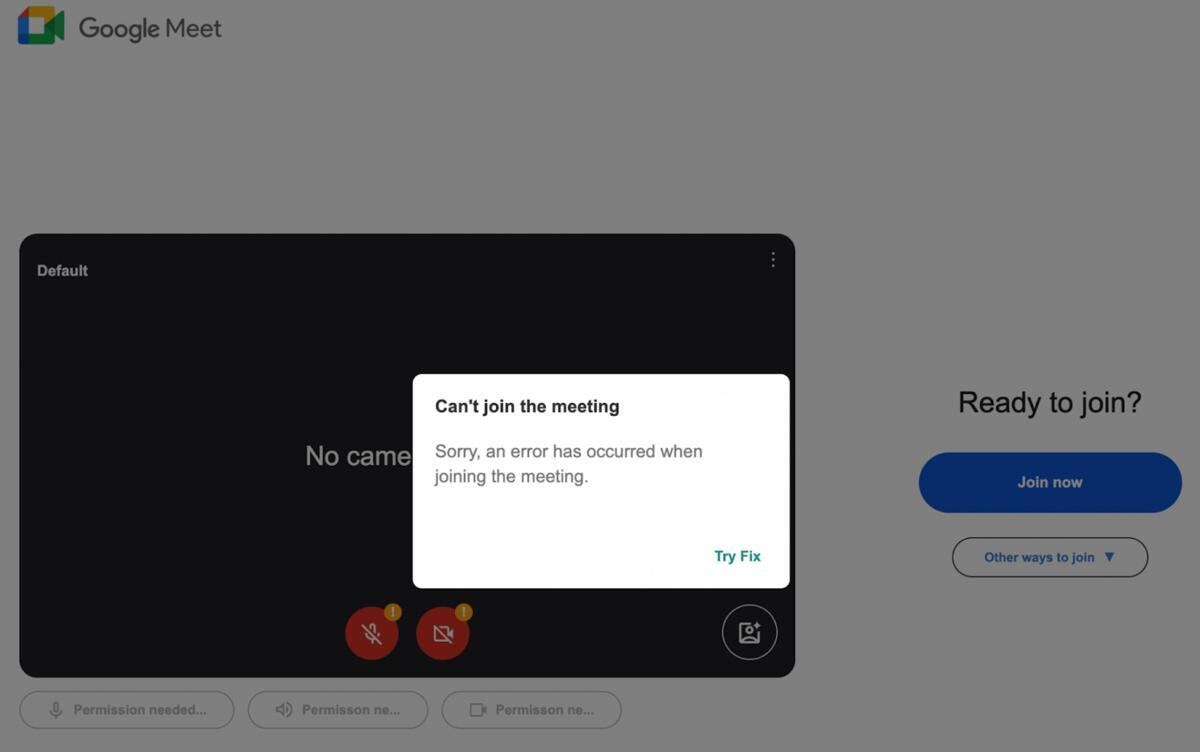 エラーメッセージを表示するGoogle Meetの偽サイト - 引用：Sucuri