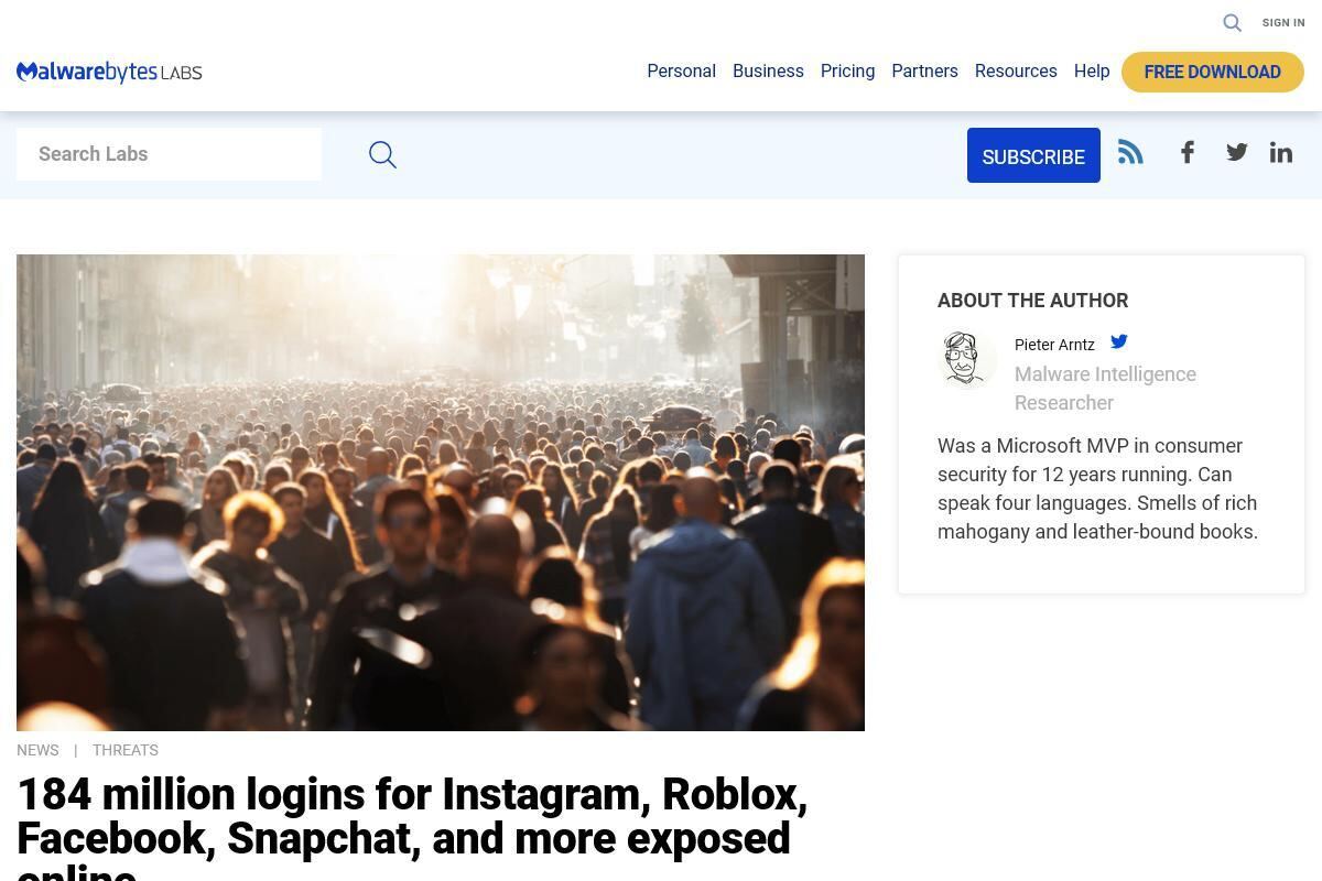 184 million logins for Instagram、Roblox、Facebook、Snapchat、and more exposed online｜Malwarebytes