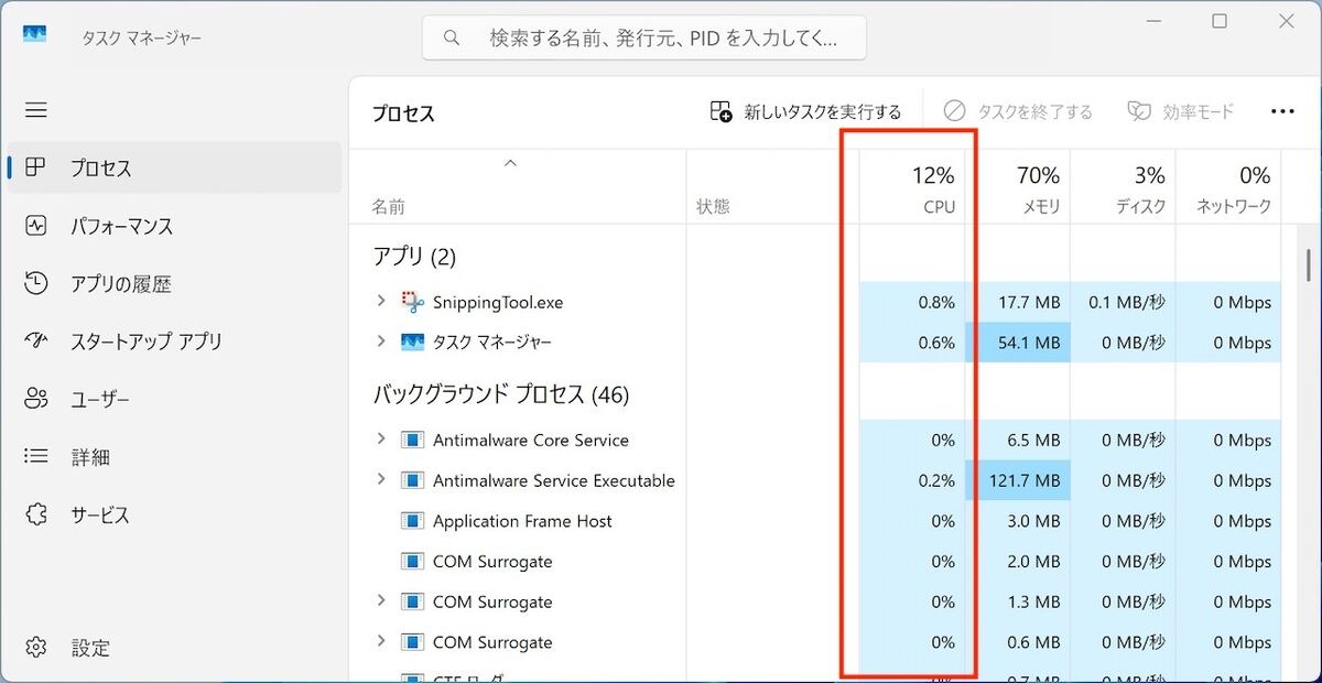 「プロセス」タブのCPU使用率表示