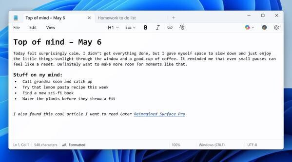 マークダウンによる書式設定が可能になった　出典:Windows Insider Blog