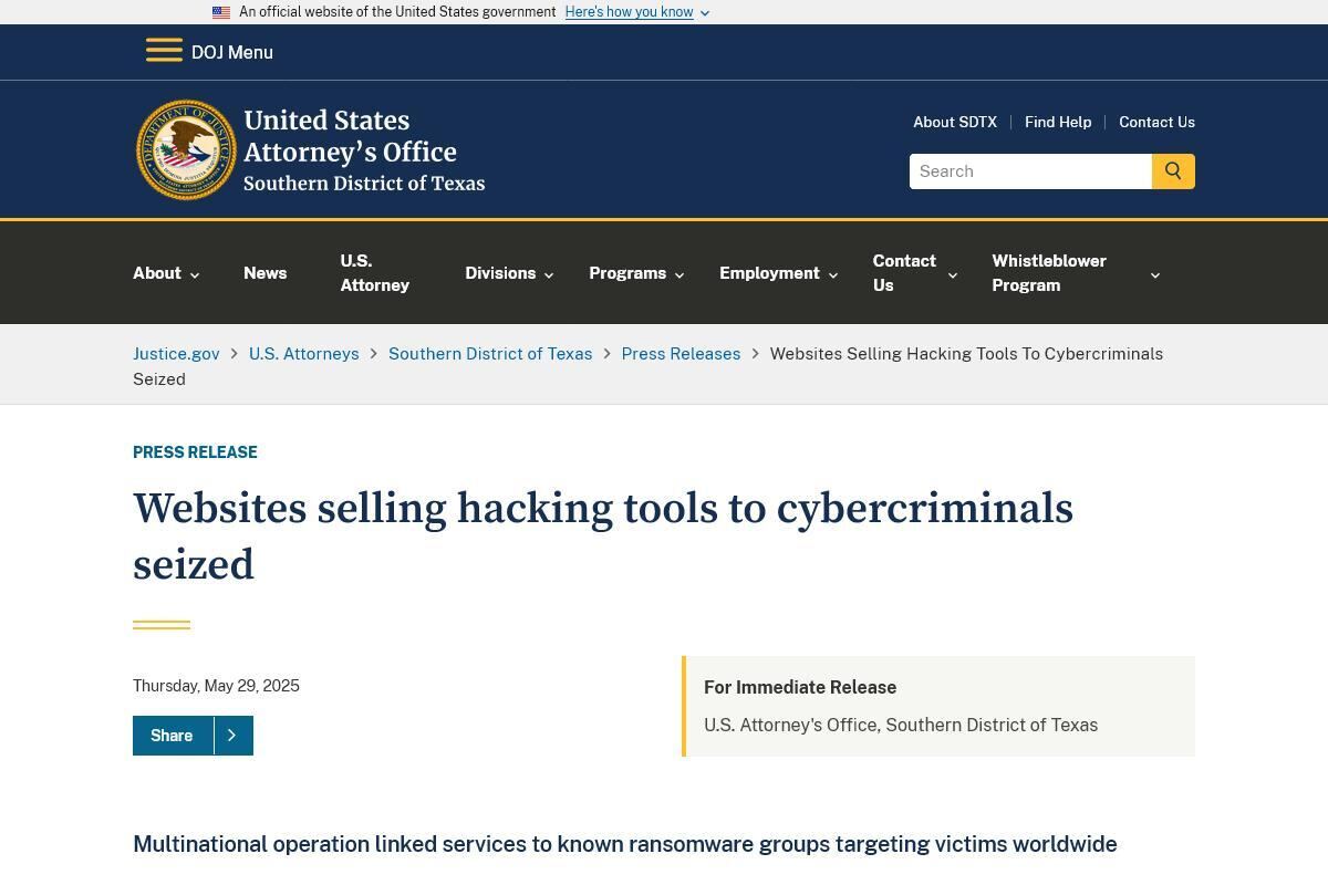 Southern District of Texas｜ Websites selling hacking tools to cybercriminals seized｜United States Department of Justice
