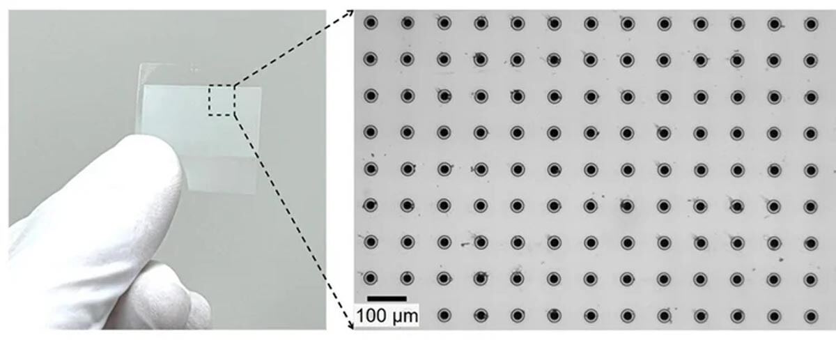 ガラス基板に穴間隔100μmで多数の貫通穴を加工した様子