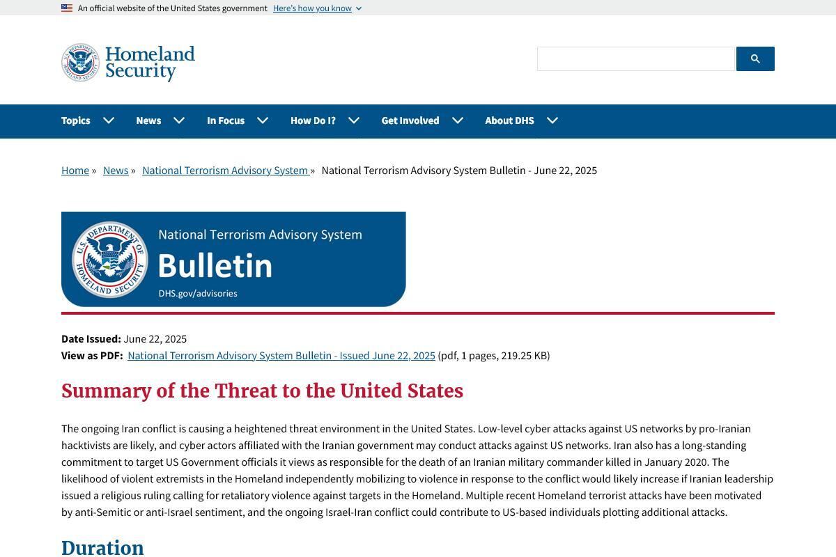 National Terrorism Advisory System Bulletin - June 22、2025｜Homeland Security