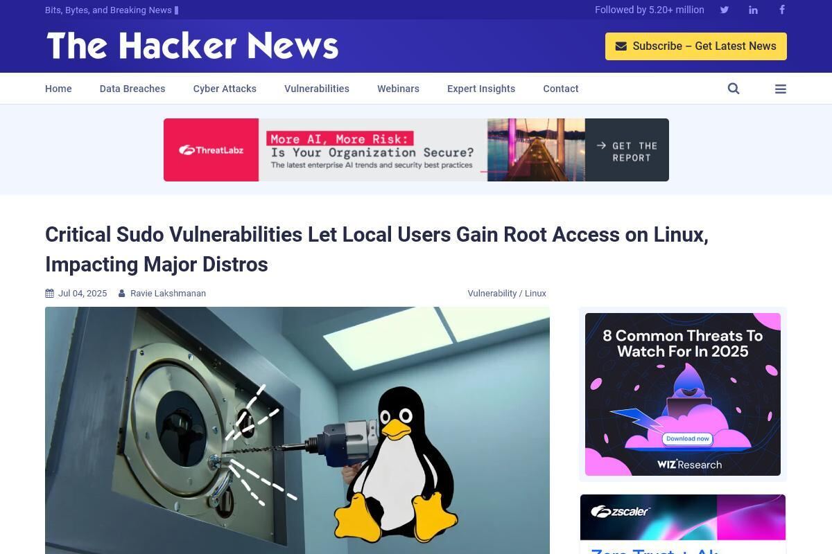 Critical Sudo Vulnerabilities Let Local Users Gain Root Access on Linux、Impacting Major Distros