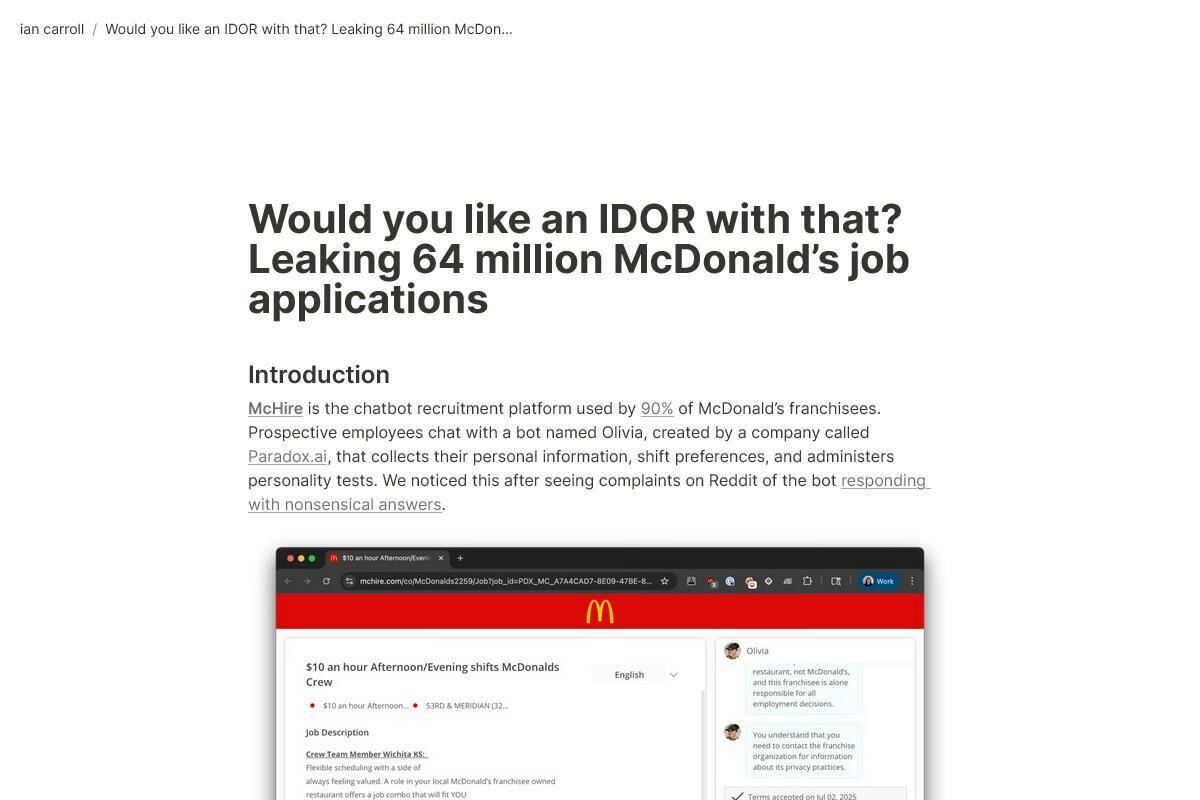 Would you like an IDOR with that? Leaking 64 million McDonald’s job applications