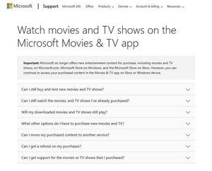 Microsoft、映画やテレビ番組の販売を終了