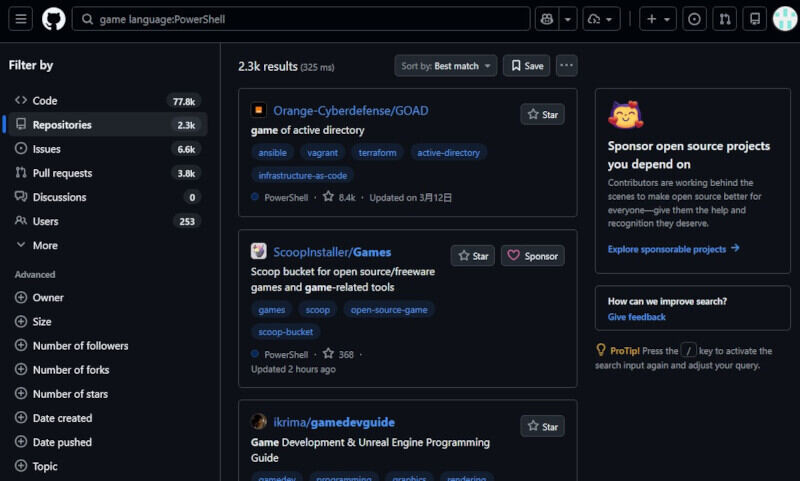 "game language:PowerShell"で検索