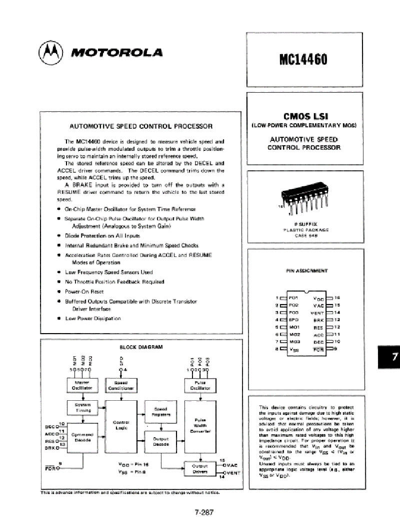 MC14460クルーズコントロール・チップのデータシート表紙