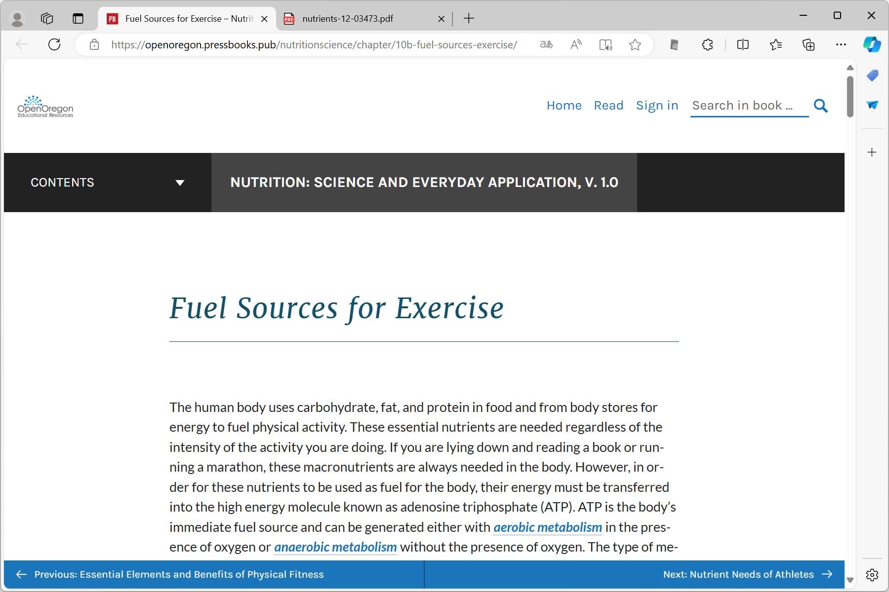 Fuel Sources for Exercise – Nutrition: Science and Everyday Application、v. 1.0
