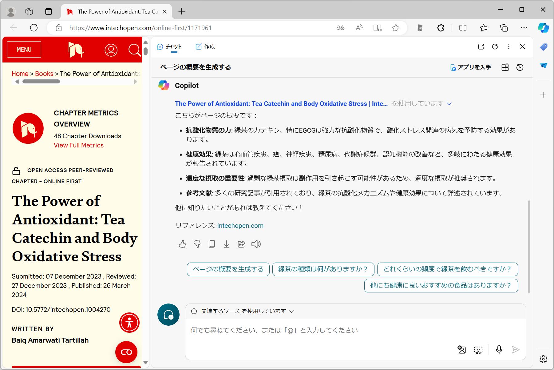 The Power of Antioxidant: Tea Catechin and Body Oxidative Stress｜IntechOpenの概要を生成