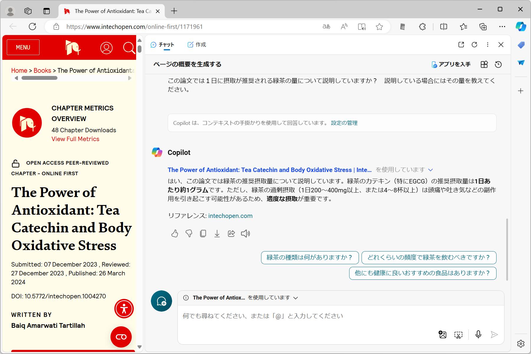 緑茶の1日の推奨摂取量について質問 - The Power of Antioxidant: Tea Catechin and Body Oxidative Stress｜IntechOpen
