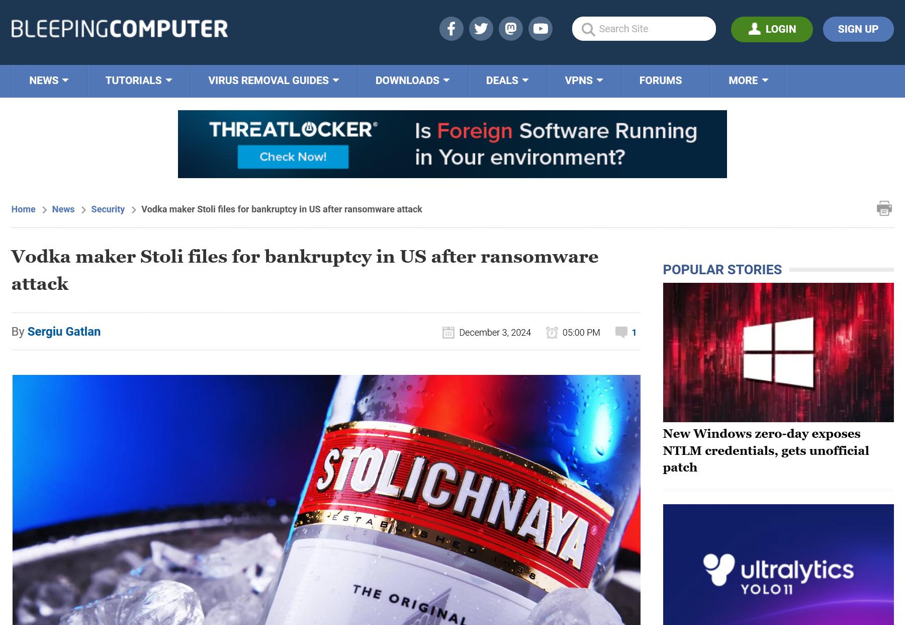 Vodka maker Stoli files for bankruptcy in US after ransomware attack