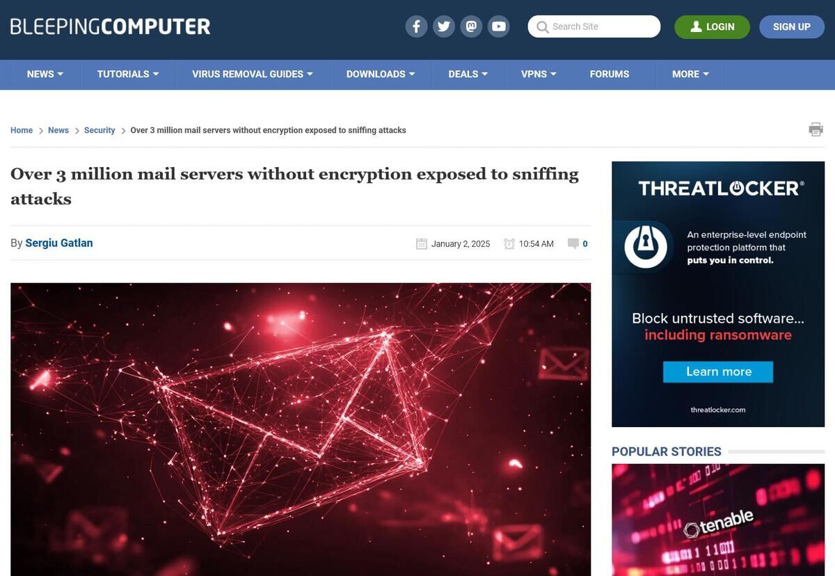 Over 3 million mail servers without encryption exposed to sniffing attacks