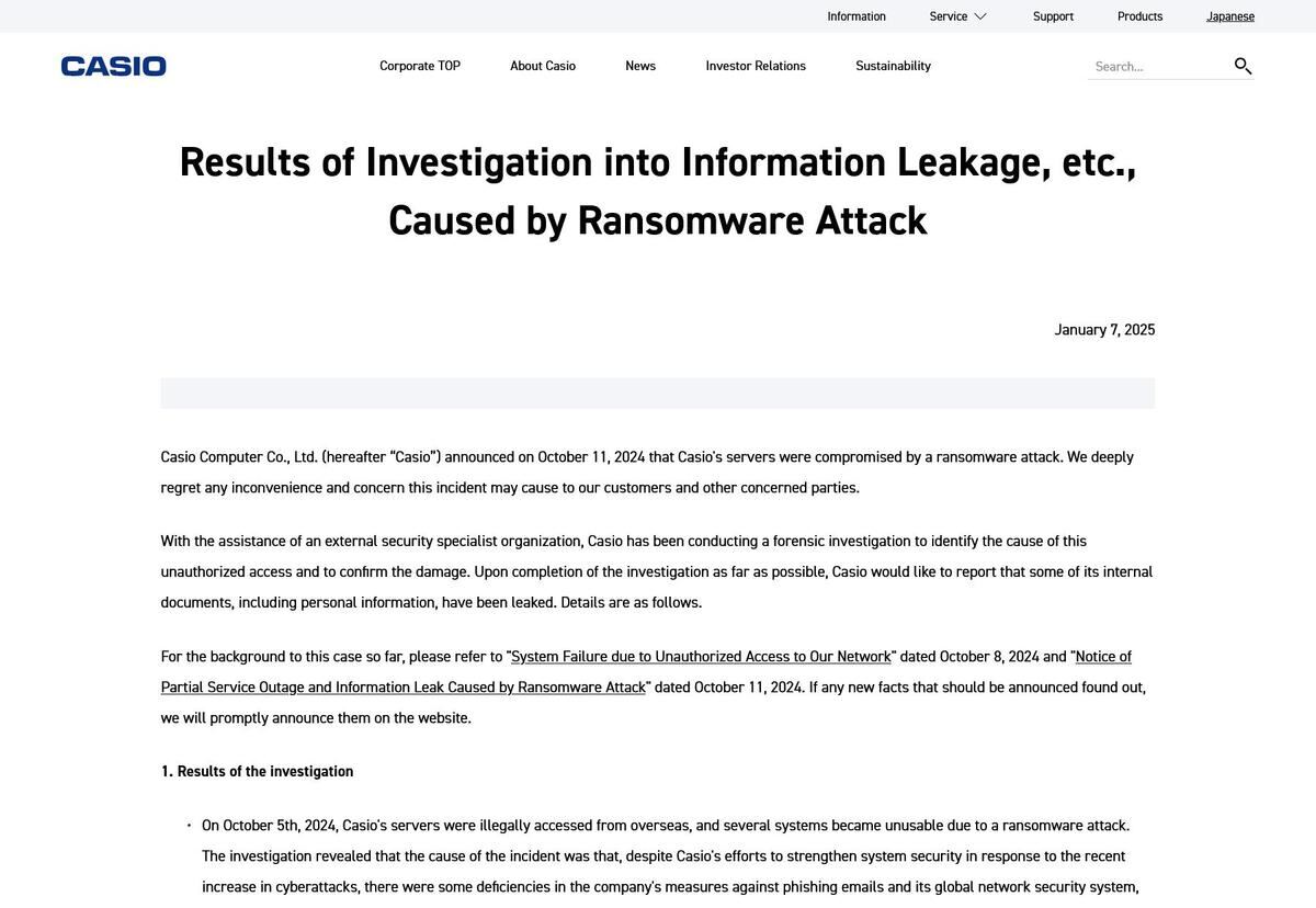 Results of Investigation into Information Leakage、etc.、Caused by Ransomware Attack｜CASIO