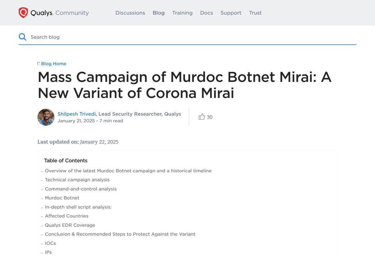 Mass Campaign of Murdoc Botnet Mirai: A New Variant of Corona Mirai｜Qualys Security Blog