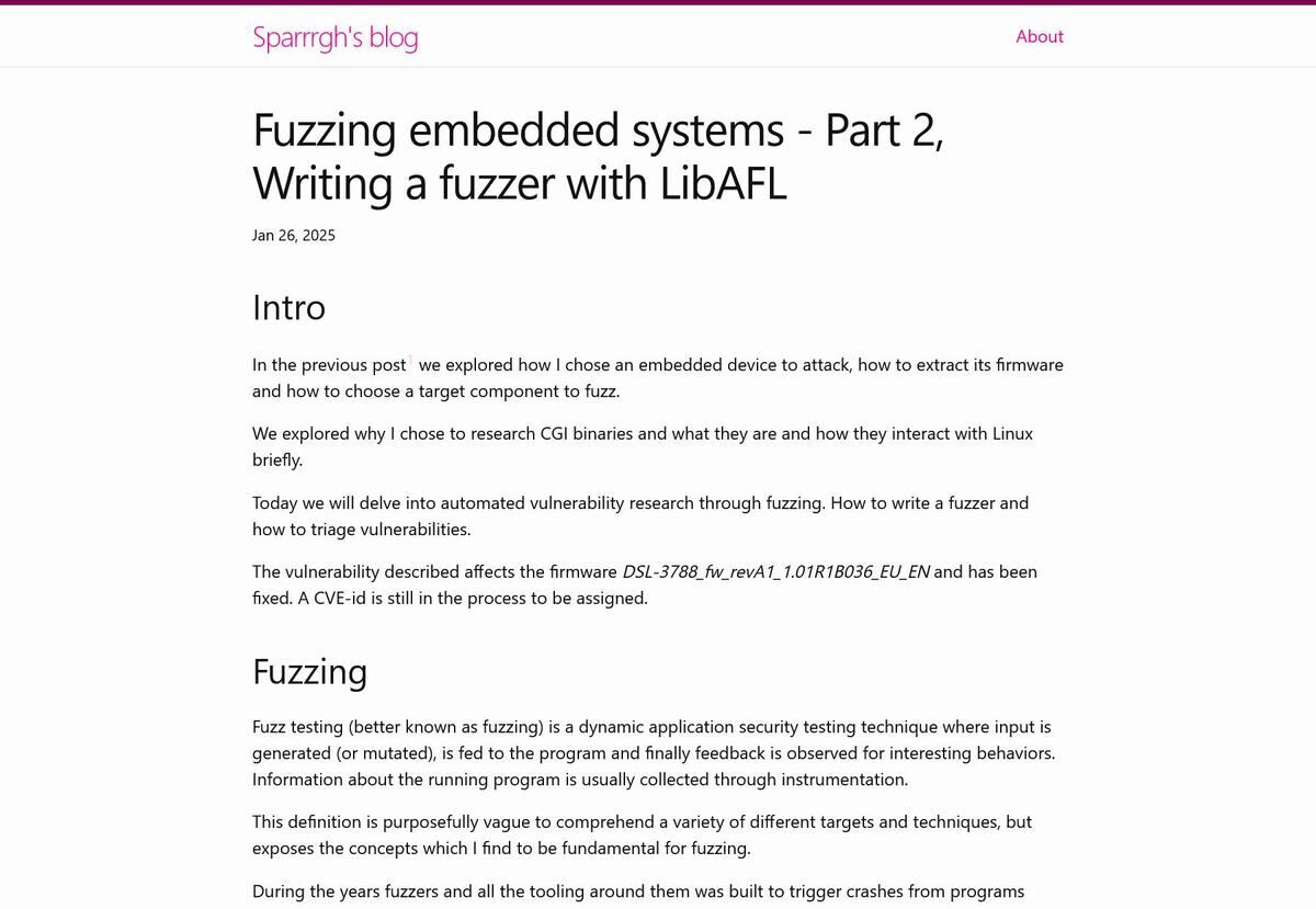 Fuzzing embedded systems - Part 2、Writing a fuzzer with LibAFL｜Sparrrgh’s blog