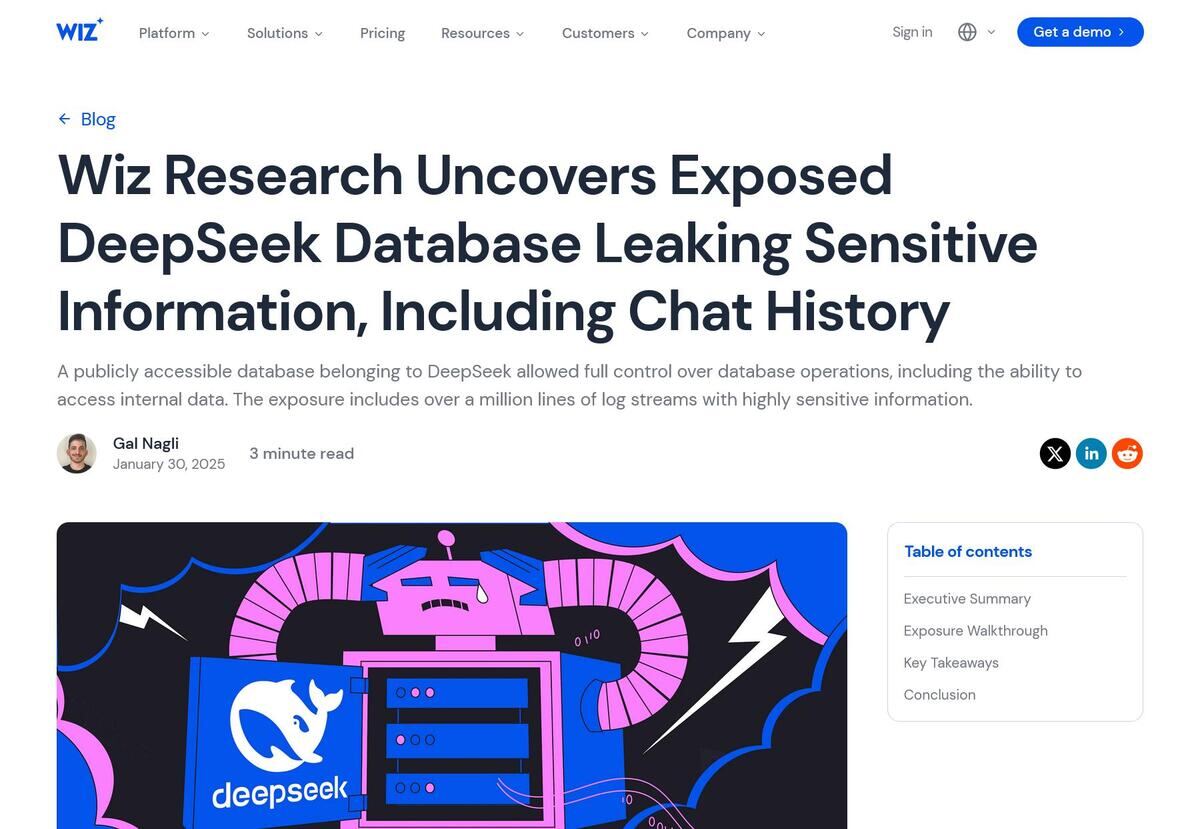 Wiz Research Uncovers Exposed DeepSeek Database Leaking Sensitive Information、Including Chat History｜Wiz Blog