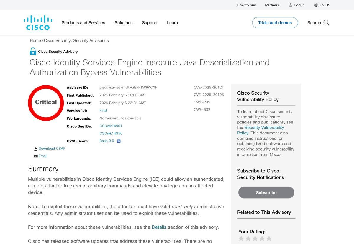 Cisco Identity Services Engine Insecure Java Deserialization and Authorization Bypass Vulnerabilities