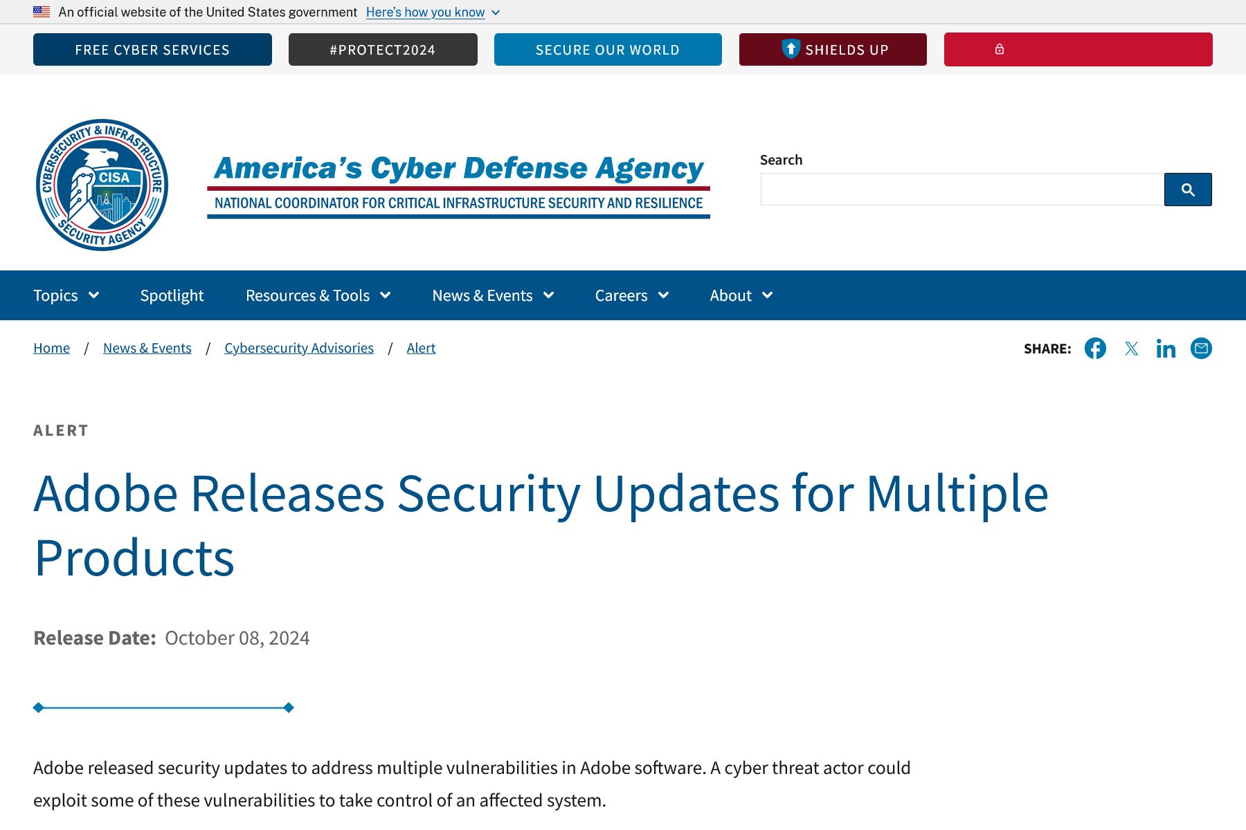 Adobe Releases Security Updates for Multiple Products｜CISA