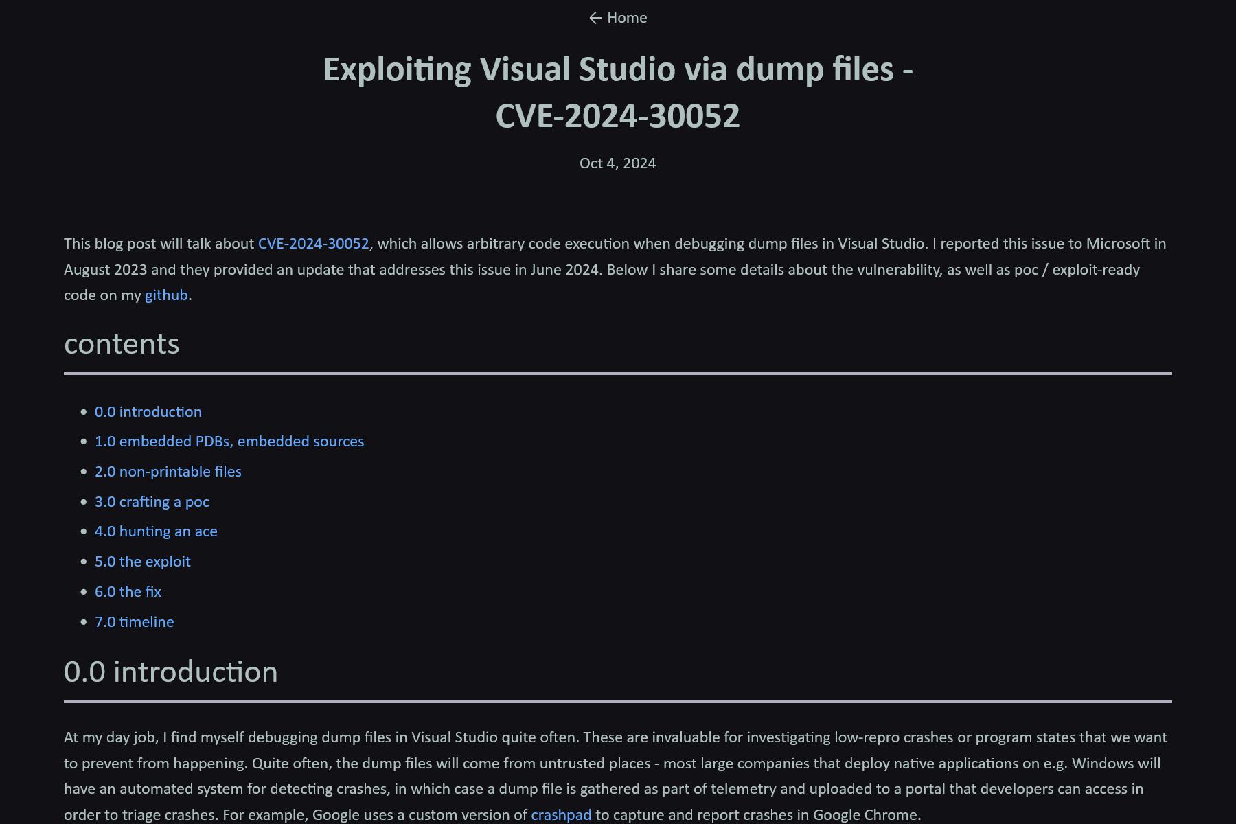 Exploiting Visual Studio via dump files - CVE-2024-30052